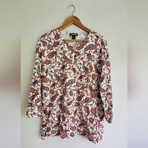 Lands' End Paisley Print Quarter Button Down Women's Top Size XL /18